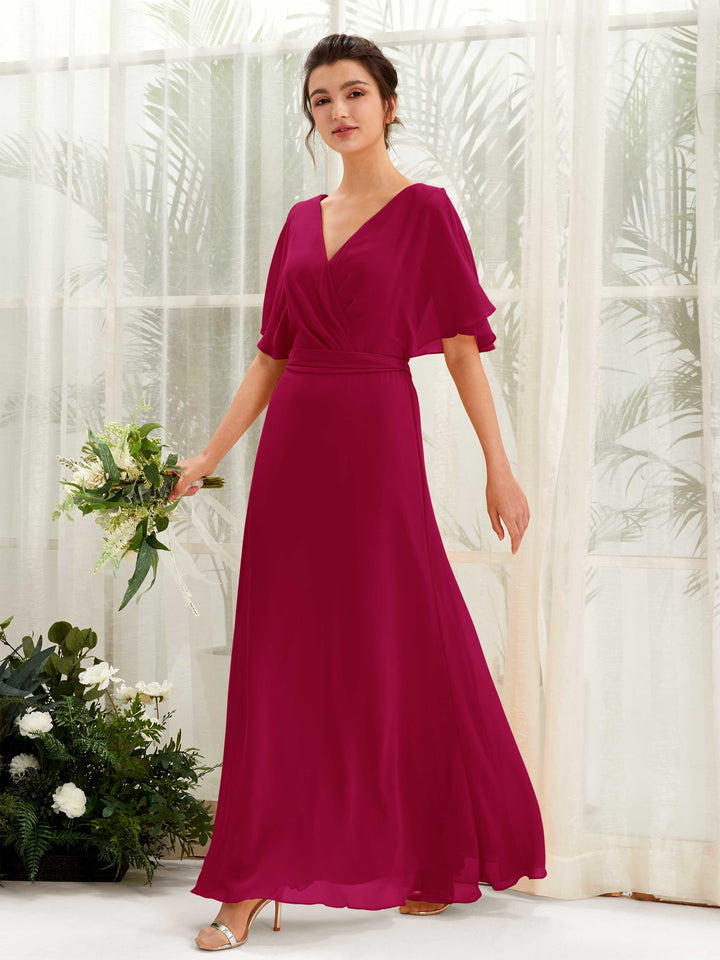 Jester Red Bridesmaid Dresses Bridesmaid Dress A-line Chiffon V-neck Full Length Short Sleeves Wedding Party Dress (81222441)