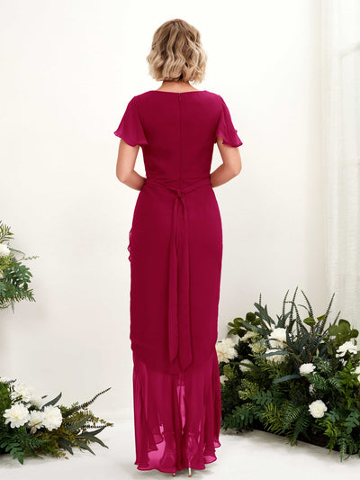 Carlyna Eartha Mermaid Jester Red Bridesmaid Dress Maxi Cap Sleeve V-Neck Dress Back View #color_jester-red