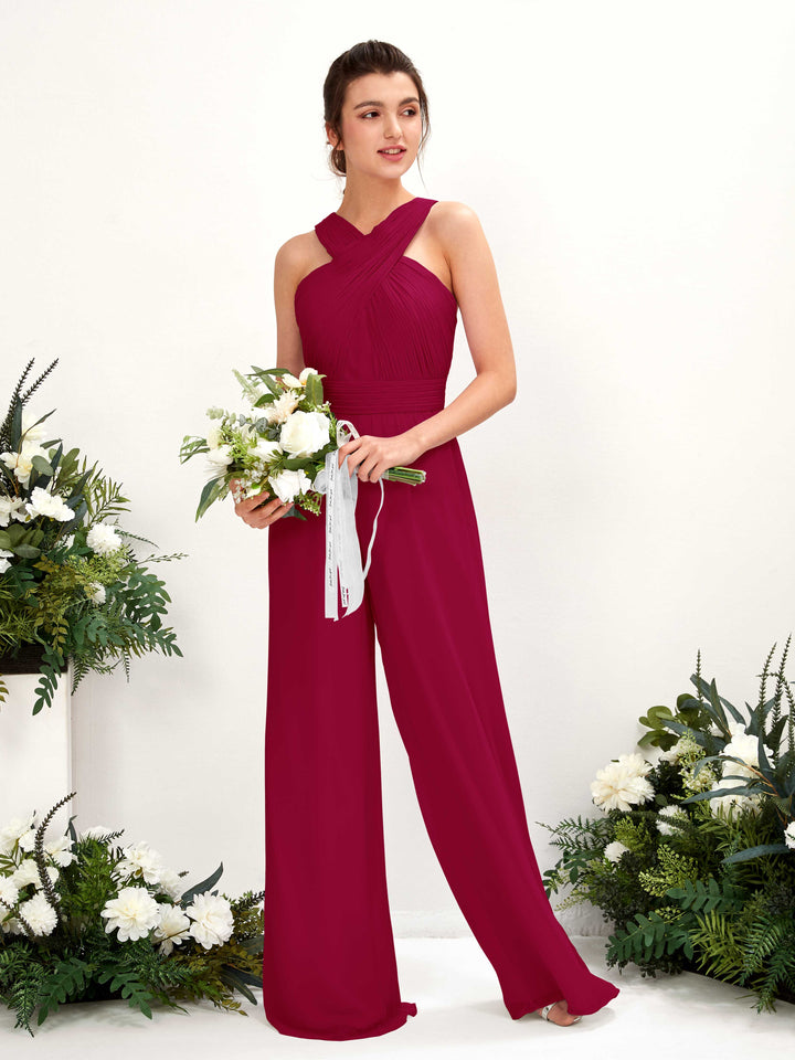 Jester Red Bridesmaid Dresses Bridesmaid Dress Chiffon V-neck Full Length Sleeveless Wedding Party Dress (81220741)