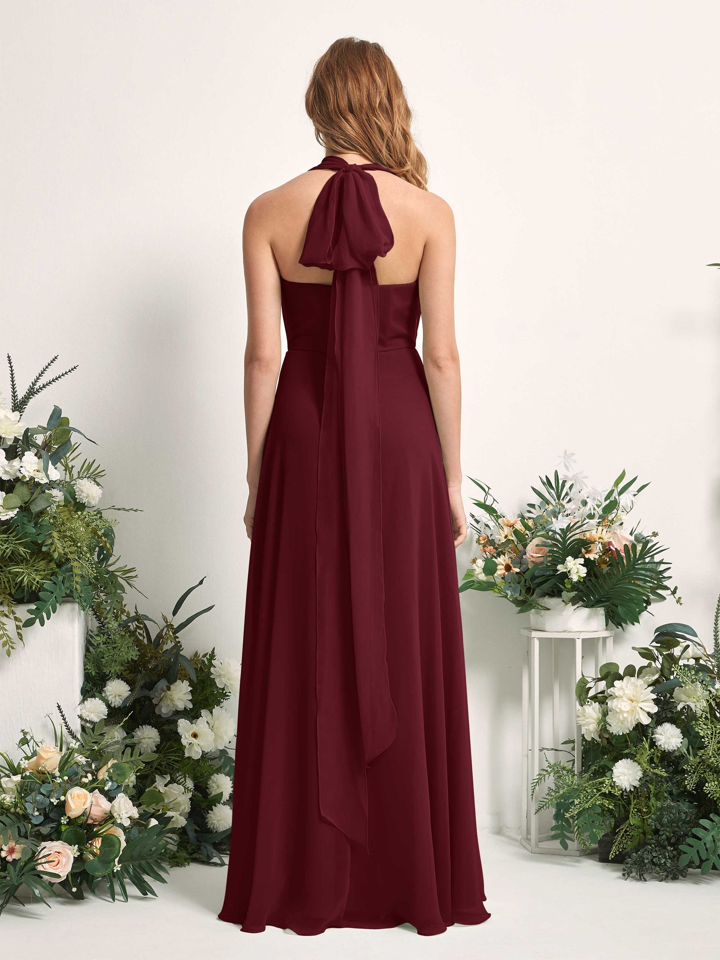 Burgundy Bridesmaid Dresses Bridesmaid Dress A-line Chiffon Halter Full Length Short Sleeves Wedding Party Dress (81226312)#color_burgundy