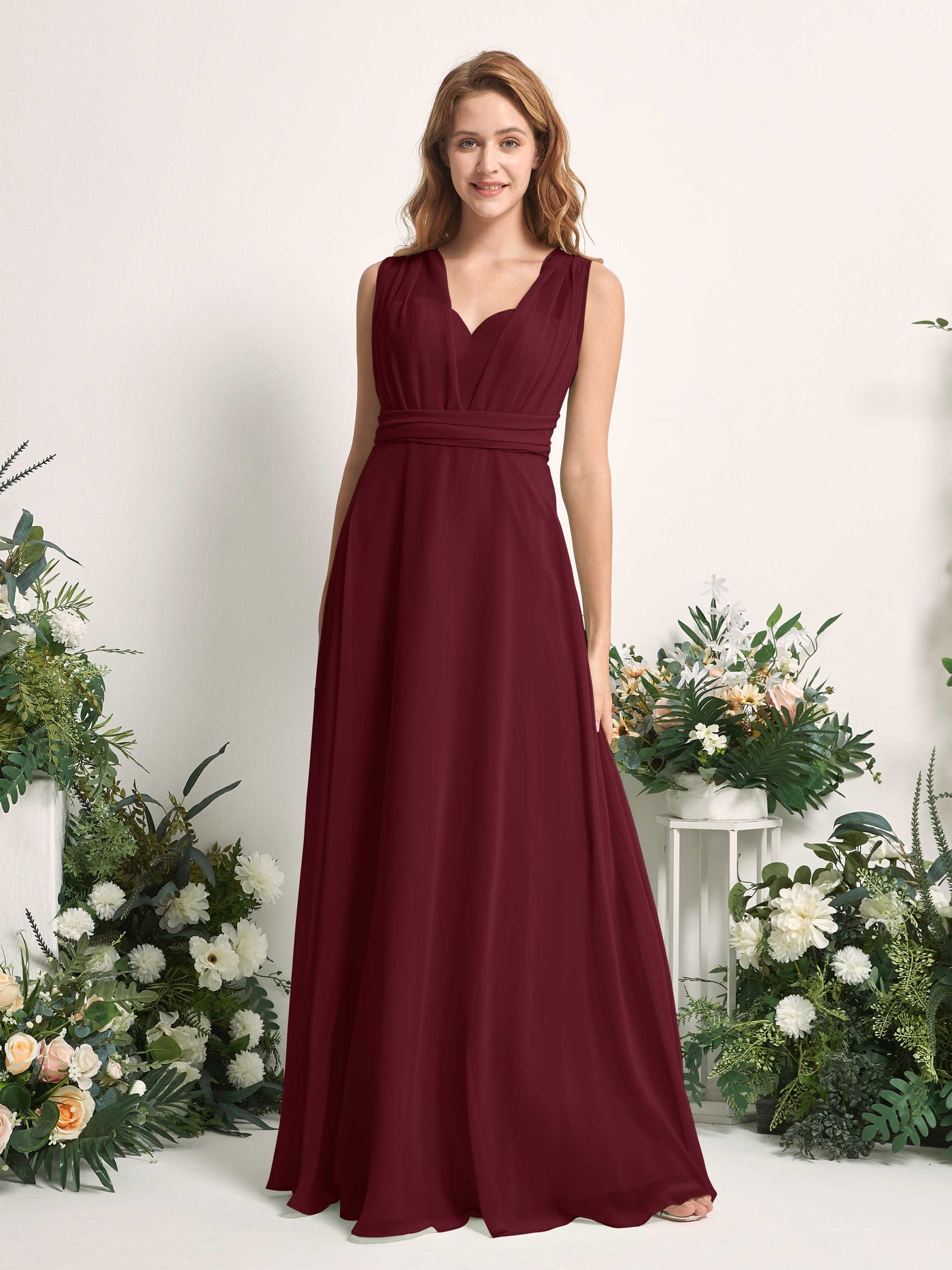Burgundy Bridesmaid Dresses Bridesmaid Dress A-line Chiffon Halter Full Length Short Sleeves Wedding Party Dress (81226312)#color_burgundy