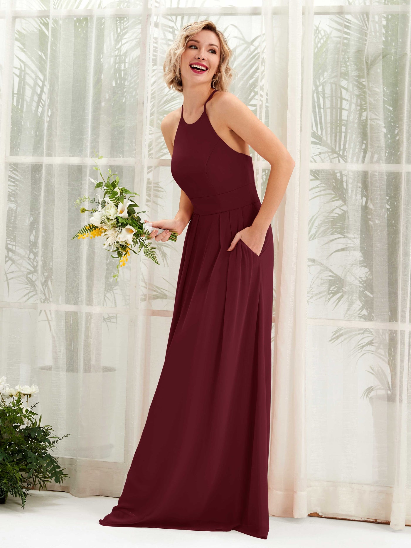 Burgundy Bridesmaid Dresses Bridesmaid Dress A-line Chiffon Halter Full Length Sleeveless Wedding Party Dress (81225212)#color_burgundy