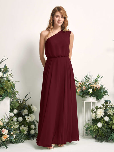 Carlyna Cecily A-Line Burgundy Bridesmaid Dress Maxi Sleeveless One Shoulder Dress Front View #color_burgundy