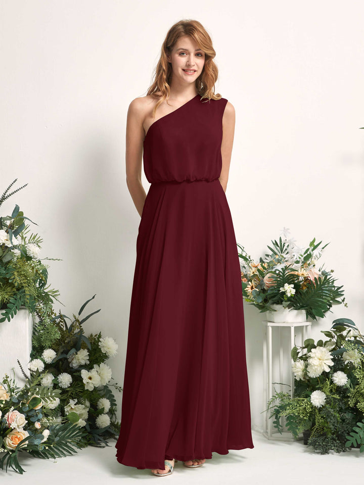 Bridesmaid Dress A-line Chiffon One Shoulder Full Length Sleeveless Wedding Party Dress - Burgundy (81226812)