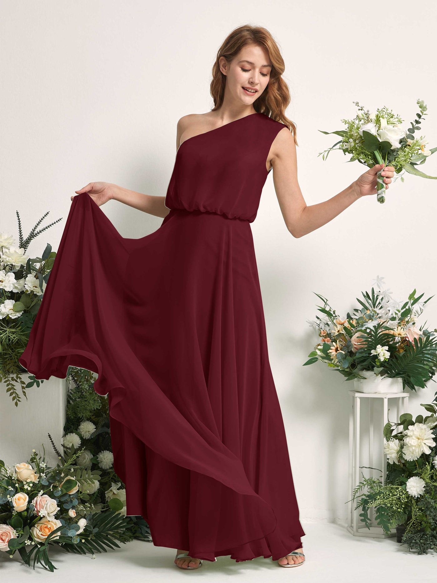Bridesmaid Dress A-line Chiffon One Shoulder Full Length Sleeveless Wedding Party Dress - Burgundy (81226812)#color_burgundy