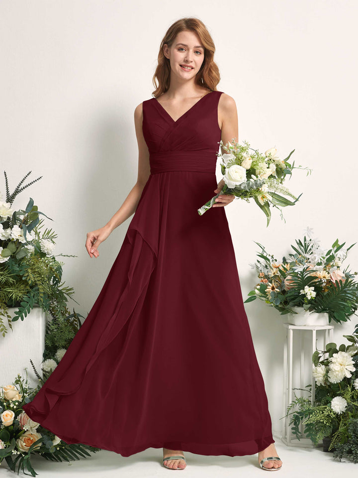 Bridesmaid Dress A-line Chiffon V-neck Full Length Sleeveless Wedding Party Dress - Burgundy (81227112)