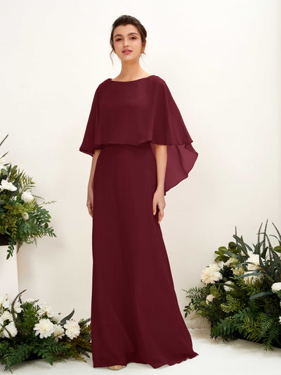 Carlyna Savin Sheath Burgundy Bridesmaid Dress Maxi Cap Sleeve Boat Neck Dress Front View #color_burgundy