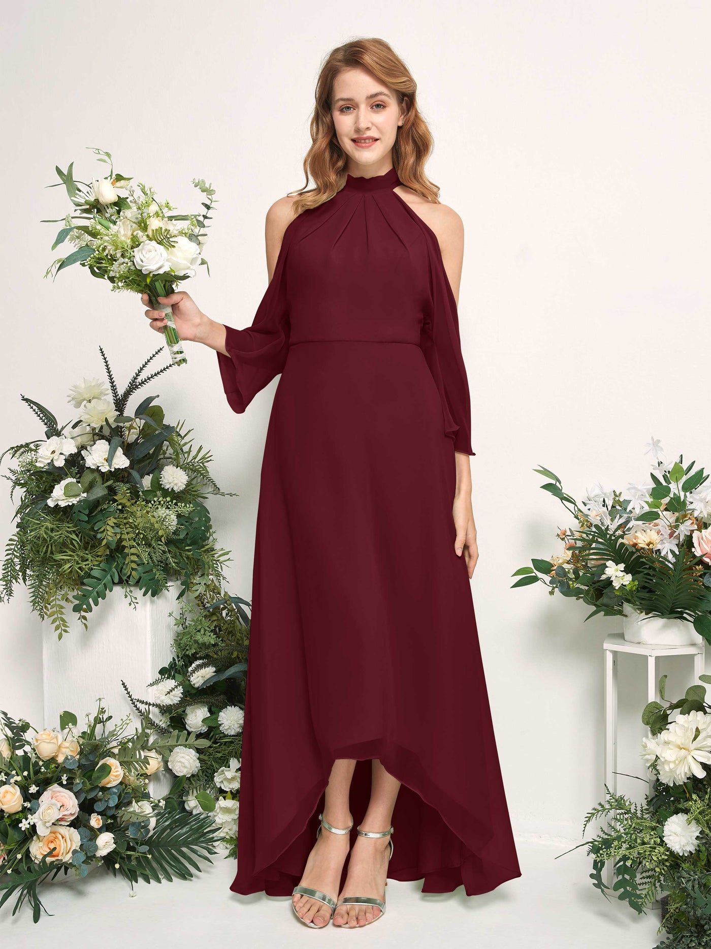 Bridesmaid Dress A-line Chiffon Halter High Low 3/4 Sleeves Wedding Party Dress - Burgundy (81227612)#color_burgundy