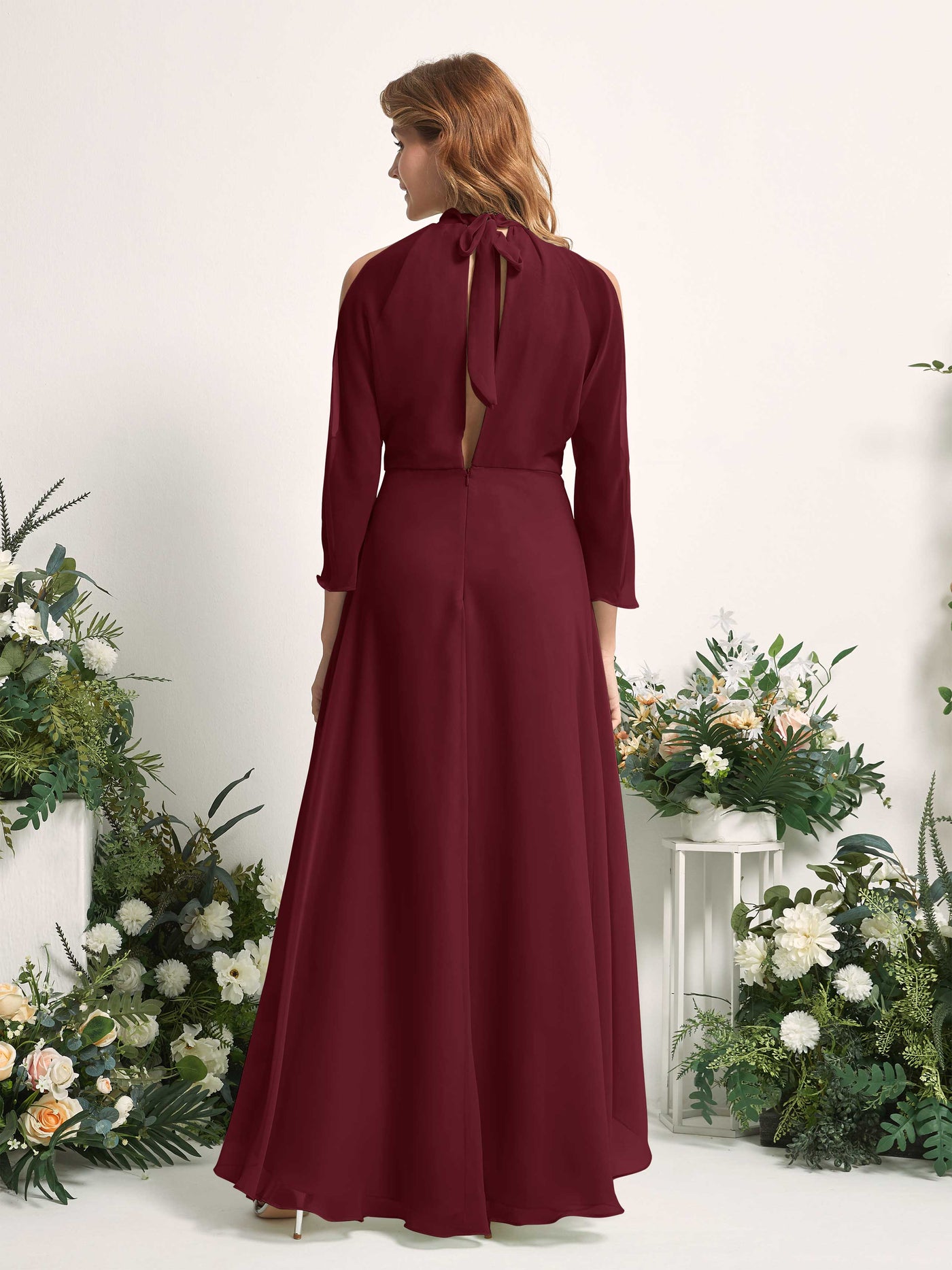 Bridesmaid Dress A-line Chiffon Halter High Low 3/4 Sleeves Wedding Party Dress - Burgundy (81227612)#color_burgundy