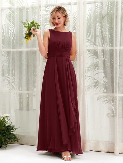 Carlyna Brianna A-Line Burgundy Bridesmaid Dress Maxi Sleeveless Boat Neck Dress Front View #color_burgundy