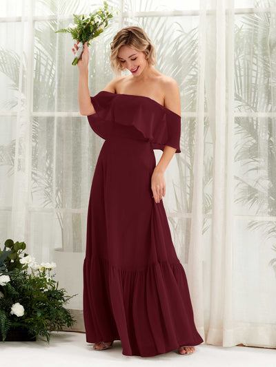 Carlyna Joie A-Line Burgundy Bridesmaid Dress Maxi Sleeveless Off the Shoulder Dress Front View #color_burgundy