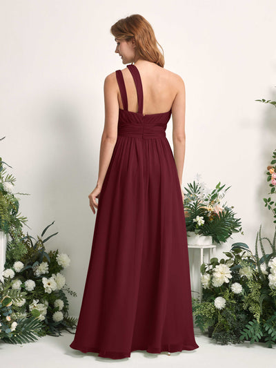 Carlyna Evelyn A-Line Burgundy Bridesmaid Dress Maxi Sleeveless One Shoulder Dress Back View #color_burgundy