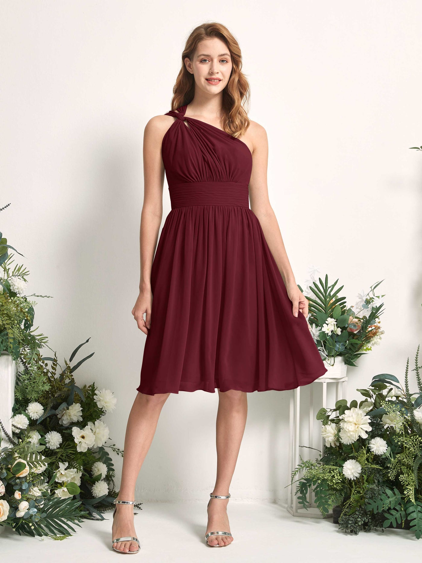 Bridesmaid Dress A-line Chiffon One Shoulder Knee Length Sleeveless Wedding Party Dress - Burgundy (81221212)#color_burgundy