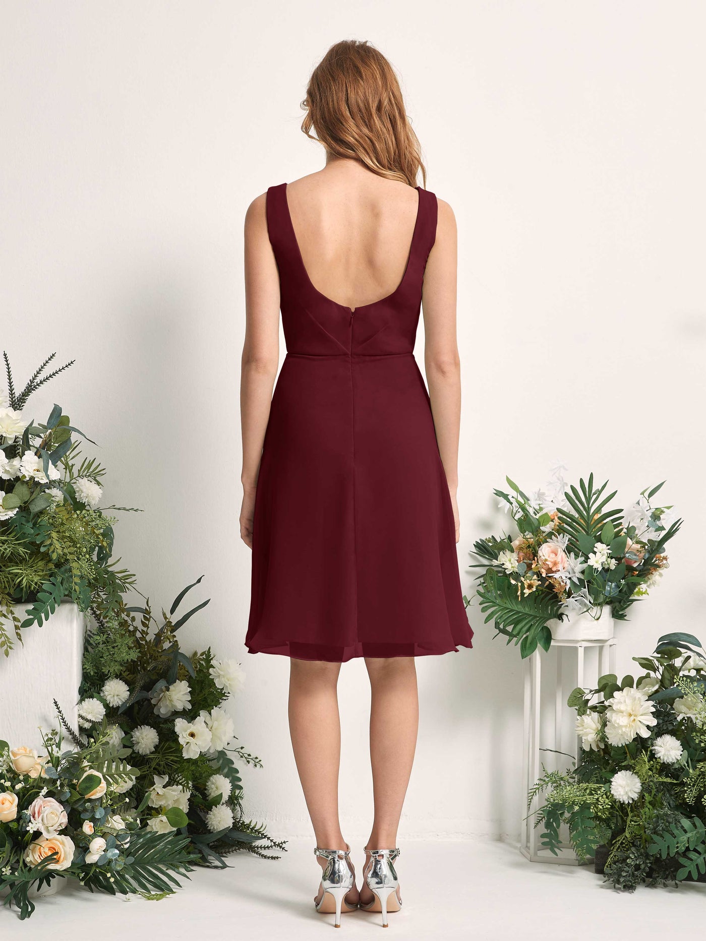 Bridesmaid Dress A-line Chiffon Straps Knee Length Sleeveless Wedding Party Dress - Burgundy (81226612)#color_burgundy