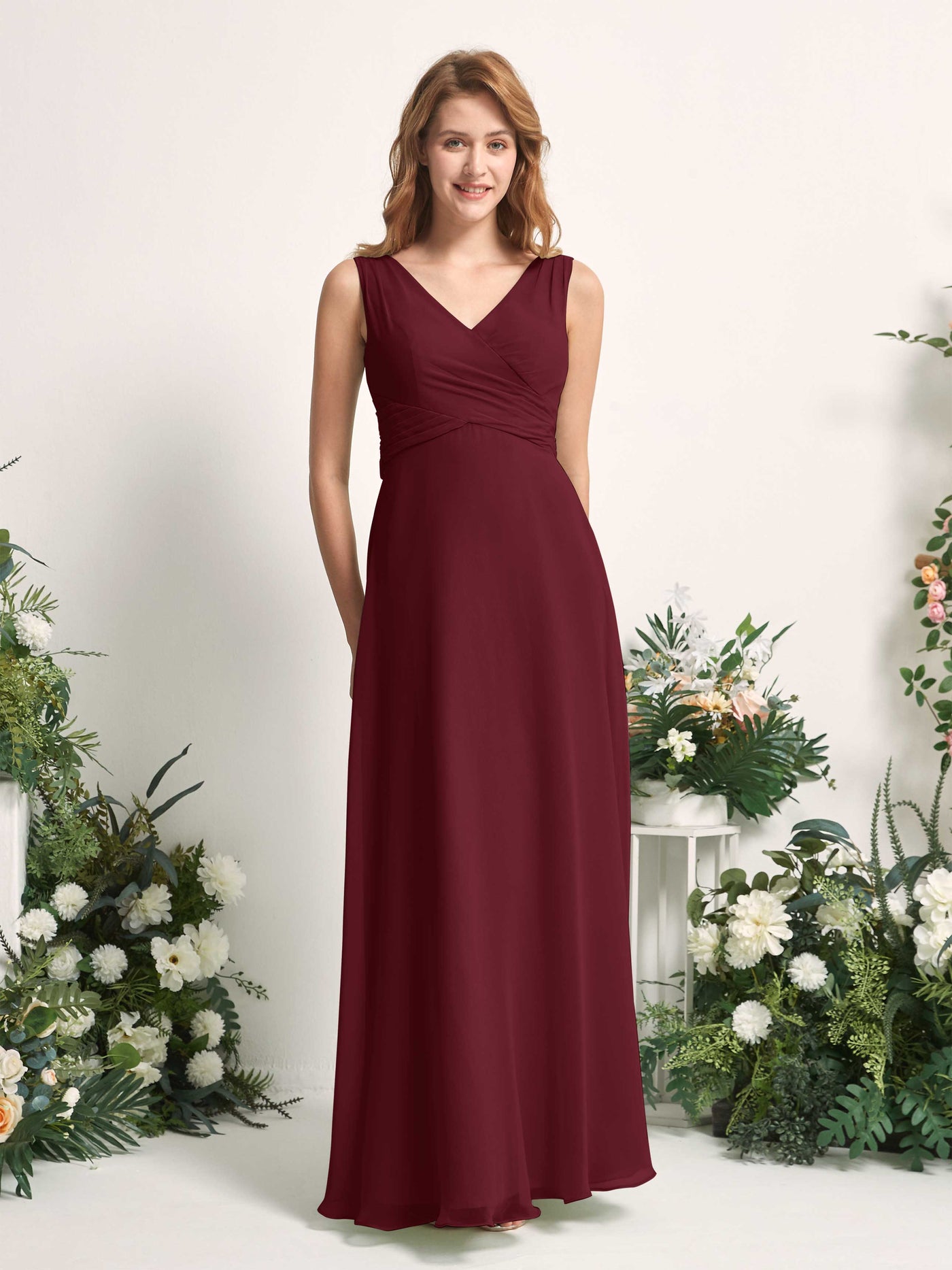 Bridesmaid Dress A-line Chiffon Straps Full Length Sleeveless Wedding Party Dress - Burgundy (81227312)#color_burgundy