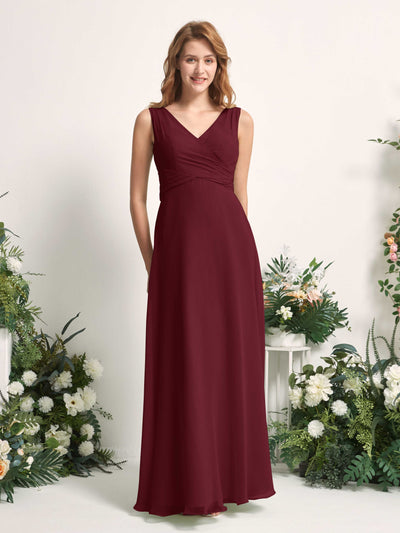 Carlyna June A-Line Burgundy Bridesmaid Dress Maxi Sleeveless V-Neck Dress Front View #color_burgundy