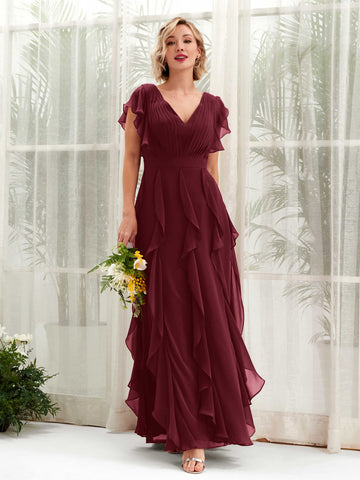 A-line Open back V-neck Short Sleeves Chiffon Bridesmaid Dress - Burgundy (81226012)#color_burgundy