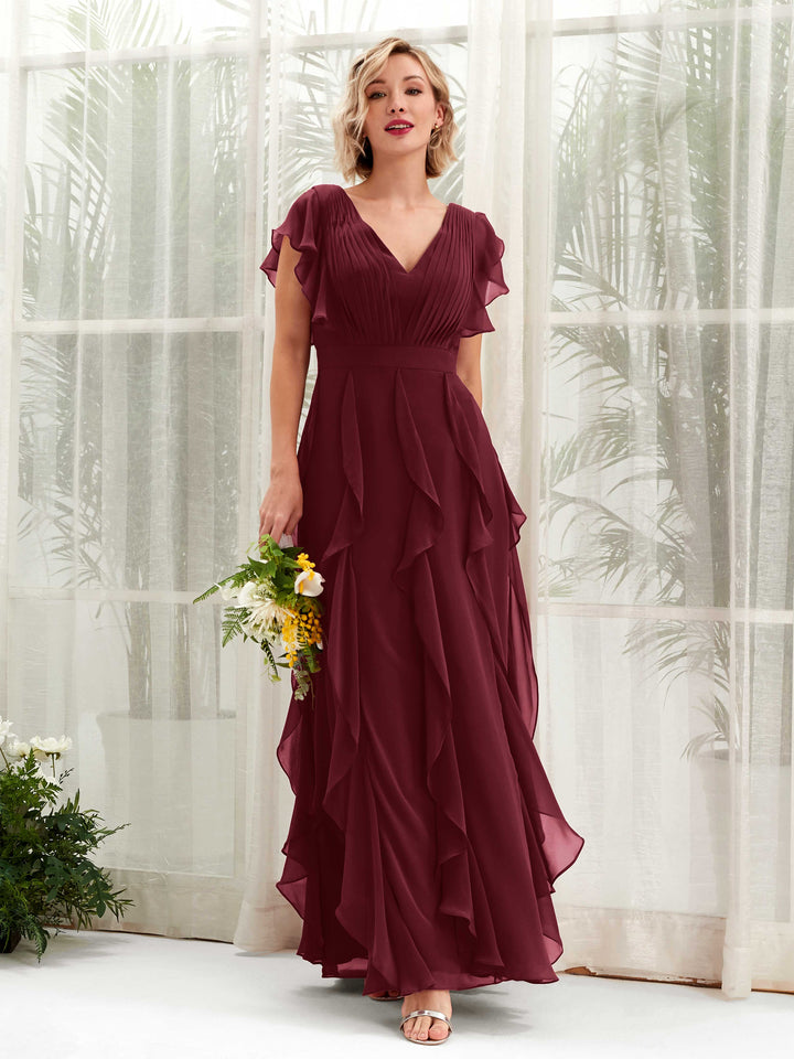 A-line Open back V-neck Short Sleeves Chiffon Bridesmaid Dress - Burgundy (81226012)