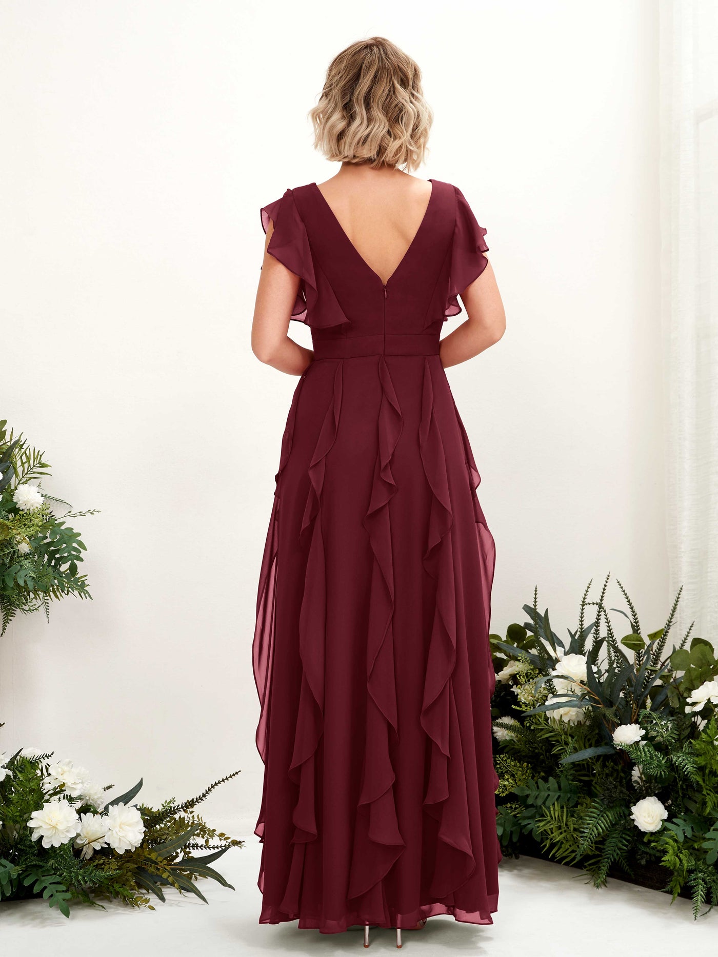 A-line Open back V-neck Short Sleeves Chiffon Bridesmaid Dress - Burgundy (81226012)#color_burgundy