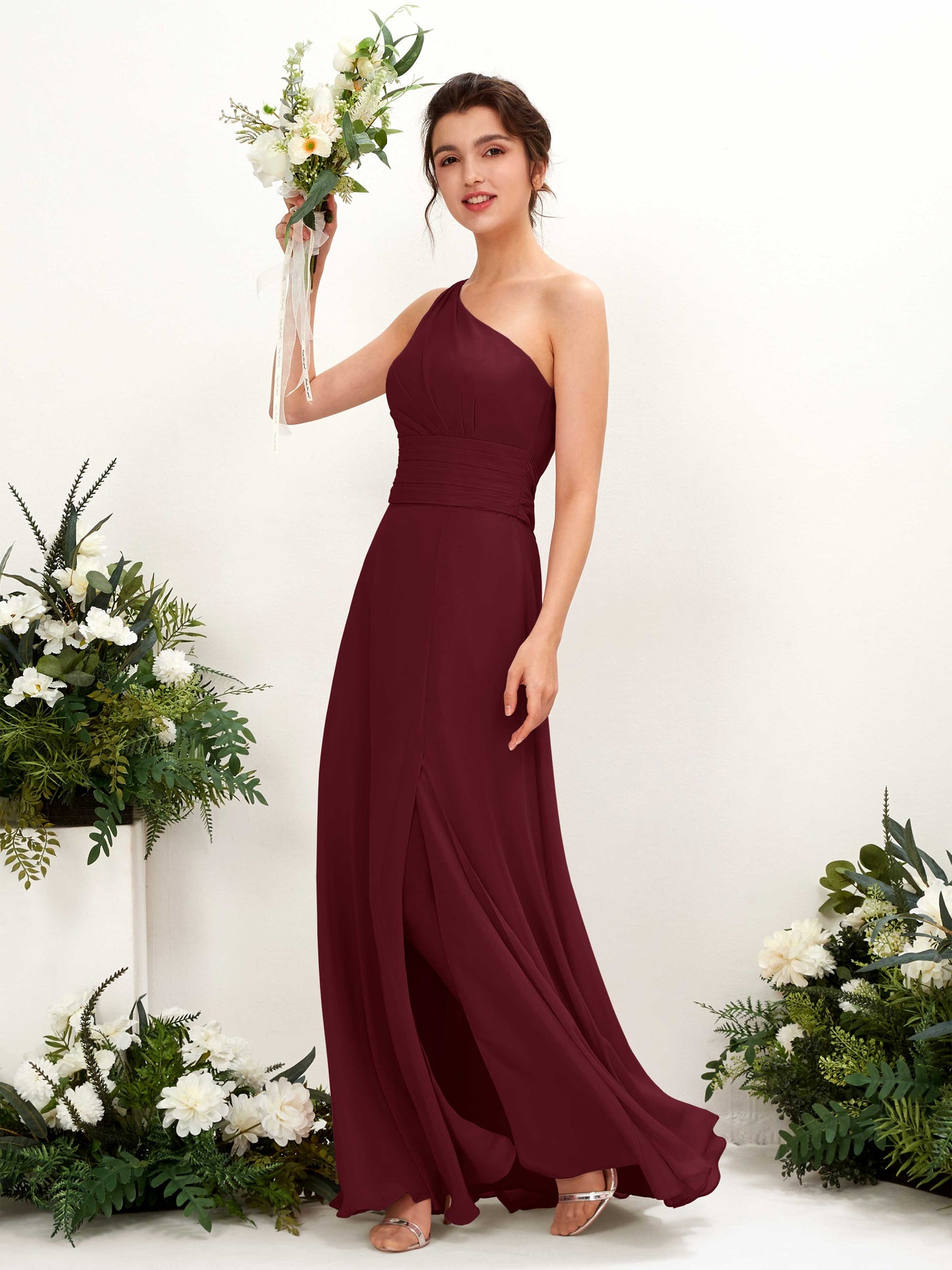 Burgundy Bridesmaid Dresses Bridesmaid Dress A-line Chiffon One Shoulder Full Length Sleeveless Wedding Party Dress (81224712)#color_burgundy