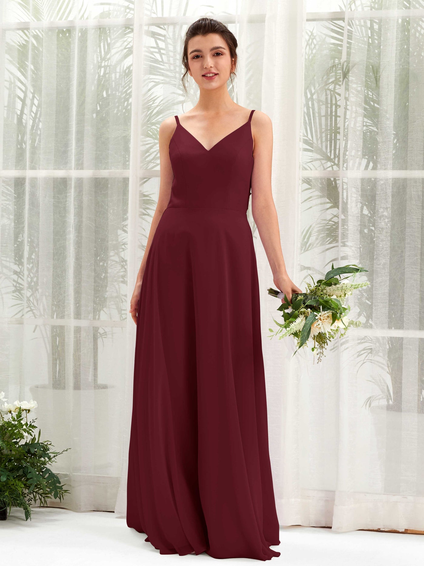 Burgundy Bridesmaid Dresses Bridesmaid Dress A-line Chiffon Spaghetti-straps Full Length Sleeveless Wedding Party Dress (81220612)#color_burgundy