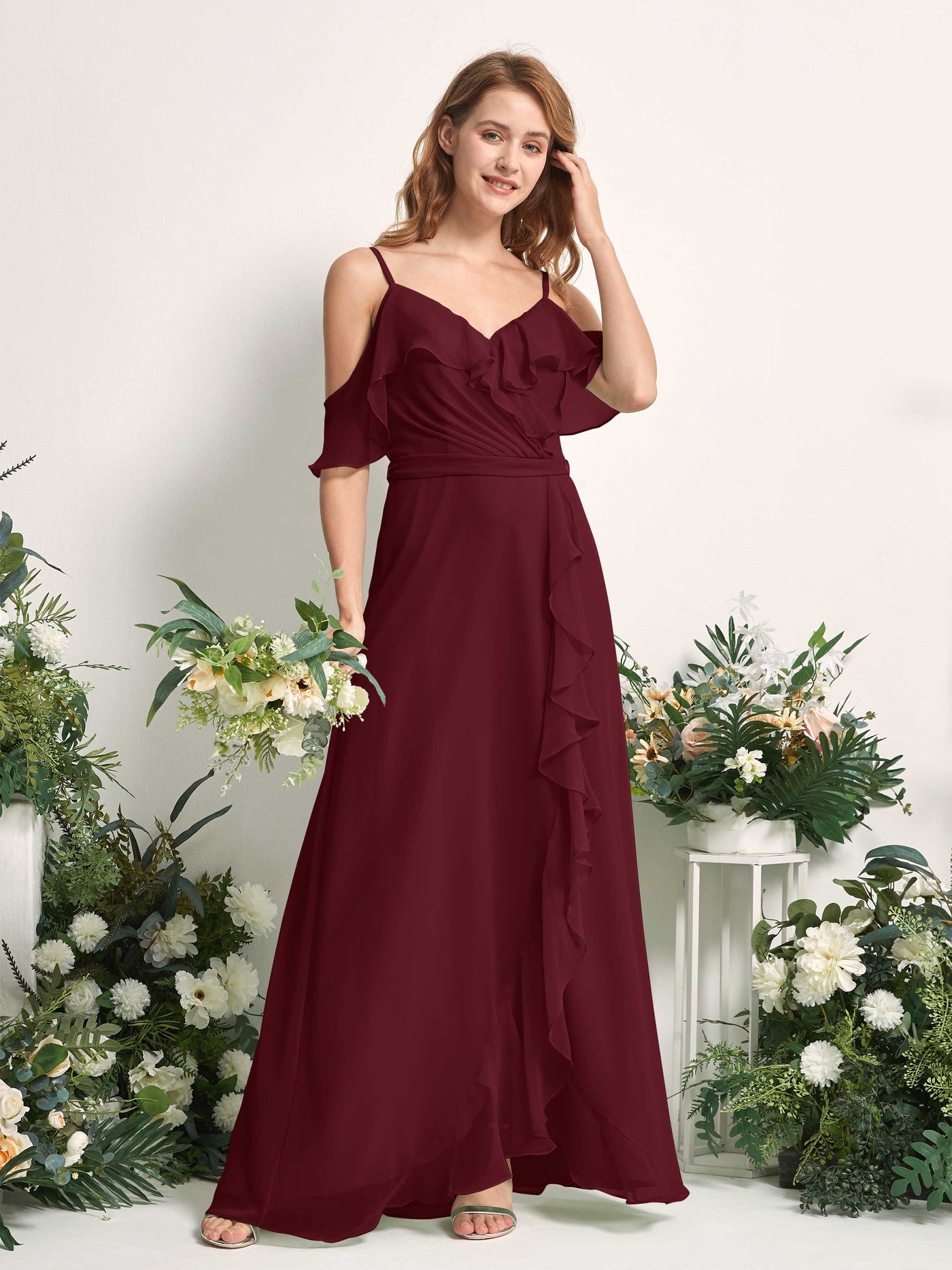 Bridesmaid Dress A-line Chiffon Spaghetti-straps Full Length Sleeveless Wedding Party Dress - Burgundy (81227412)#color_burgundy