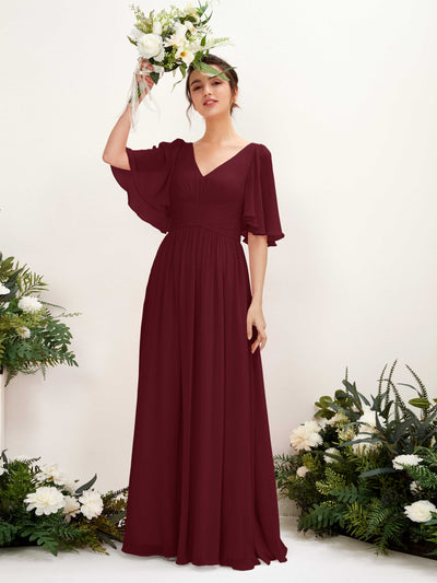 Carlyna Odette A-Line Burgundy Bridesmaid Dress Maxi Short Sleeve V-Neck Dress Front View #color_burgundy