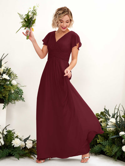 Carlyna Tolly A-Line Burgundy Bridesmaid Dress Maxi Cap Sleeve V-Neck Dress Front View #color_burgundy