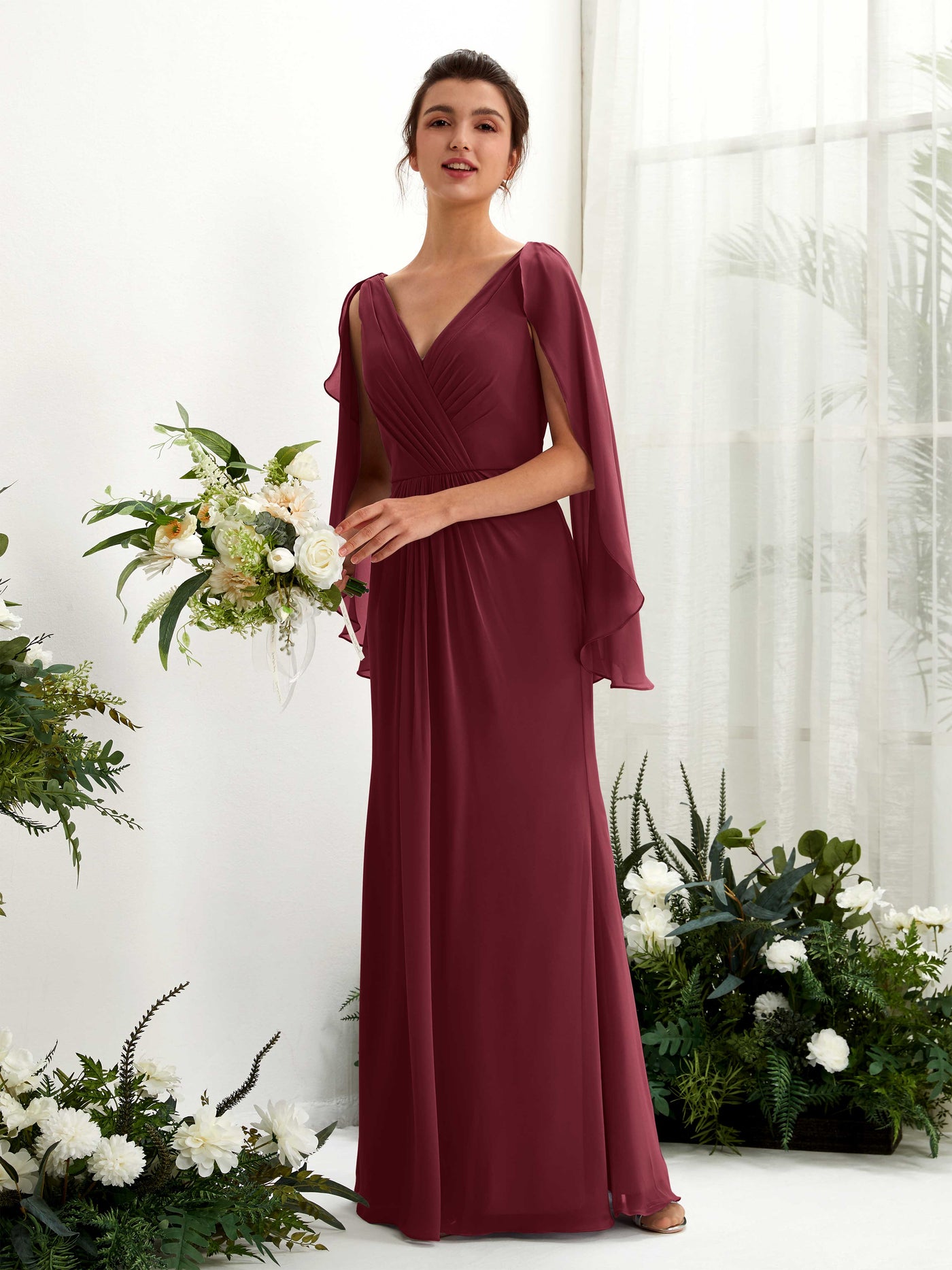 Burgundy Bridesmaid Dresses Bridesmaid Dress A-line Chiffon Straps Full Length Long Sleeves Wedding Party Dress (80220112)#color_burgundy