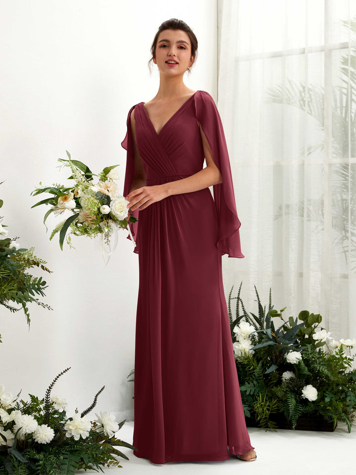 Burgundy Bridesmaid Dresses Bridesmaid Dress A-line Chiffon Straps Full Length Long Sleeves Wedding Party Dress (80220112)