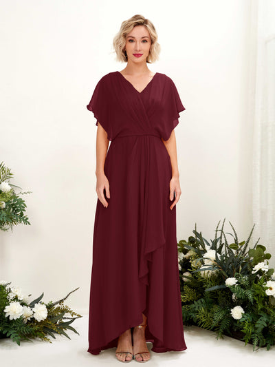 Carlyna Soleil A-Line Burgundy Bridesmaid Dress Maxi Short Sleeve V-Neck Dress Front View #color_burgundy