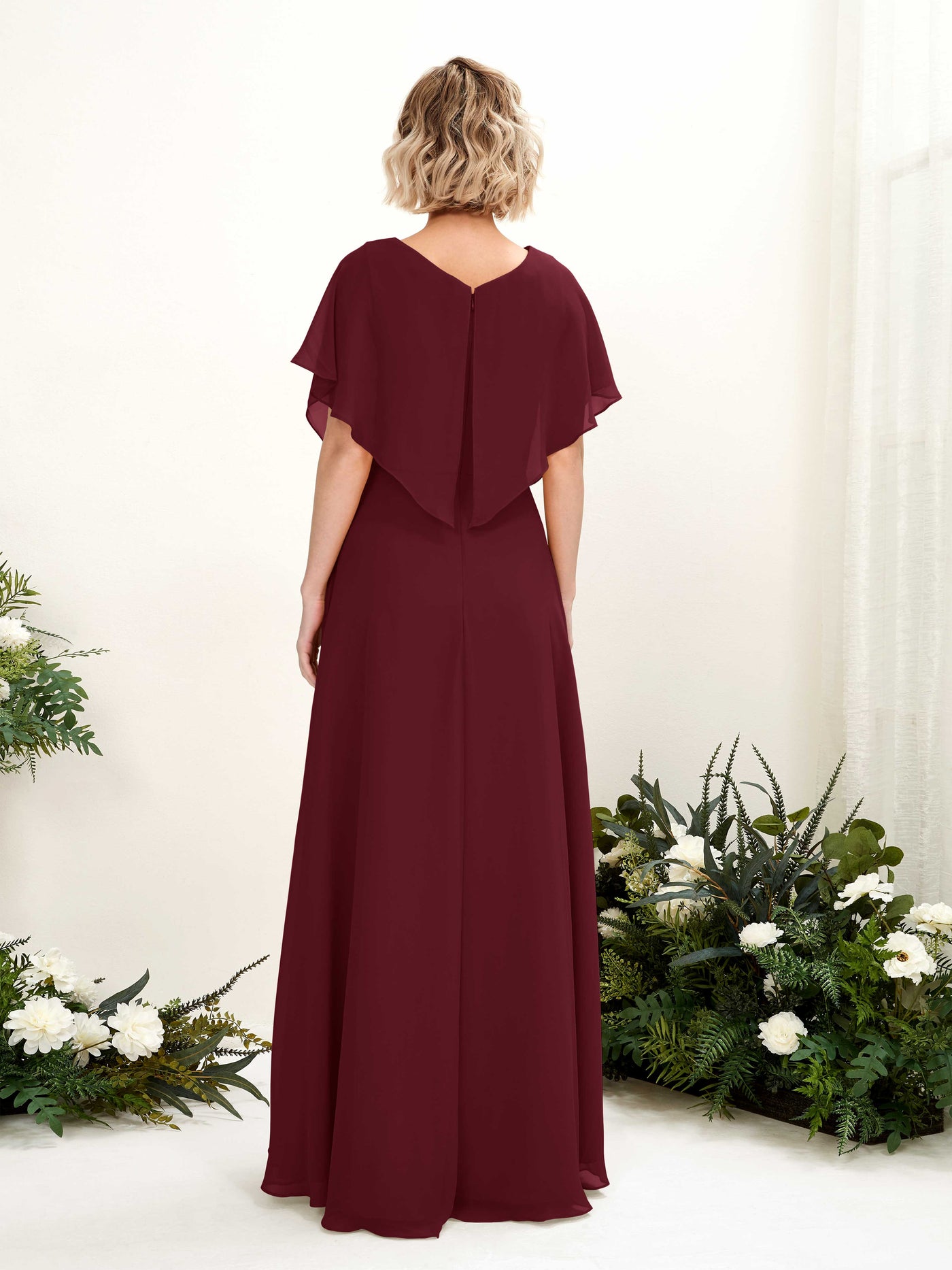 Burgundy Bridesmaid Dresses Bridesmaid Dress A-line Chiffon V-neck Full Length Short Sleeves Wedding Party Dress (81222112)#color_burgundy