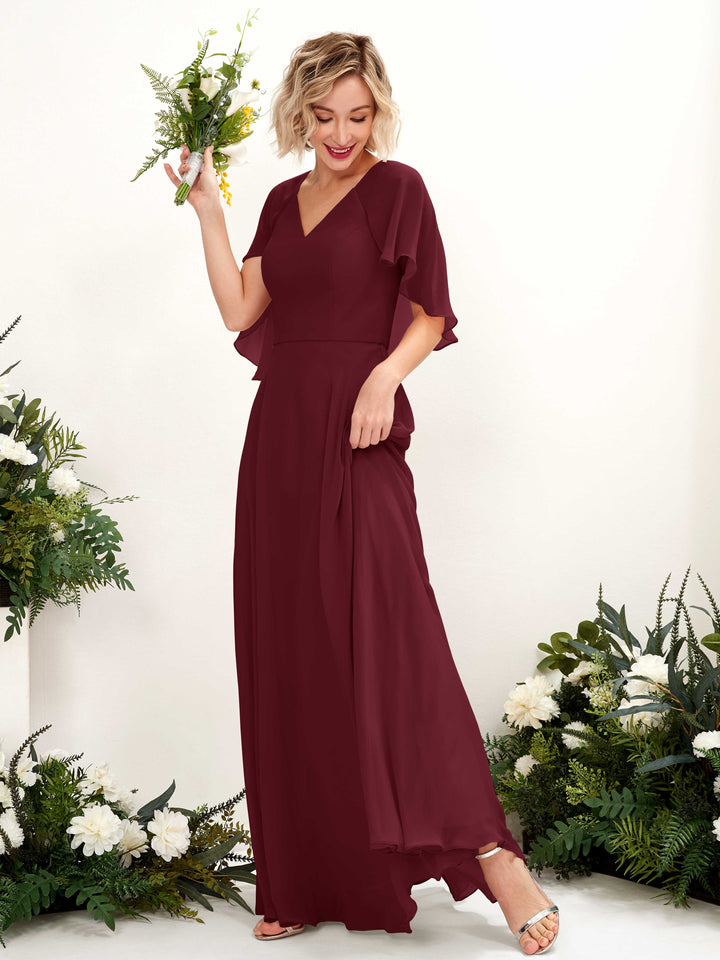 Burgundy Bridesmaid Dresses Bridesmaid Dress A-line Chiffon V-neck Full Length Short Sleeves Wedding Party Dress (81224412)