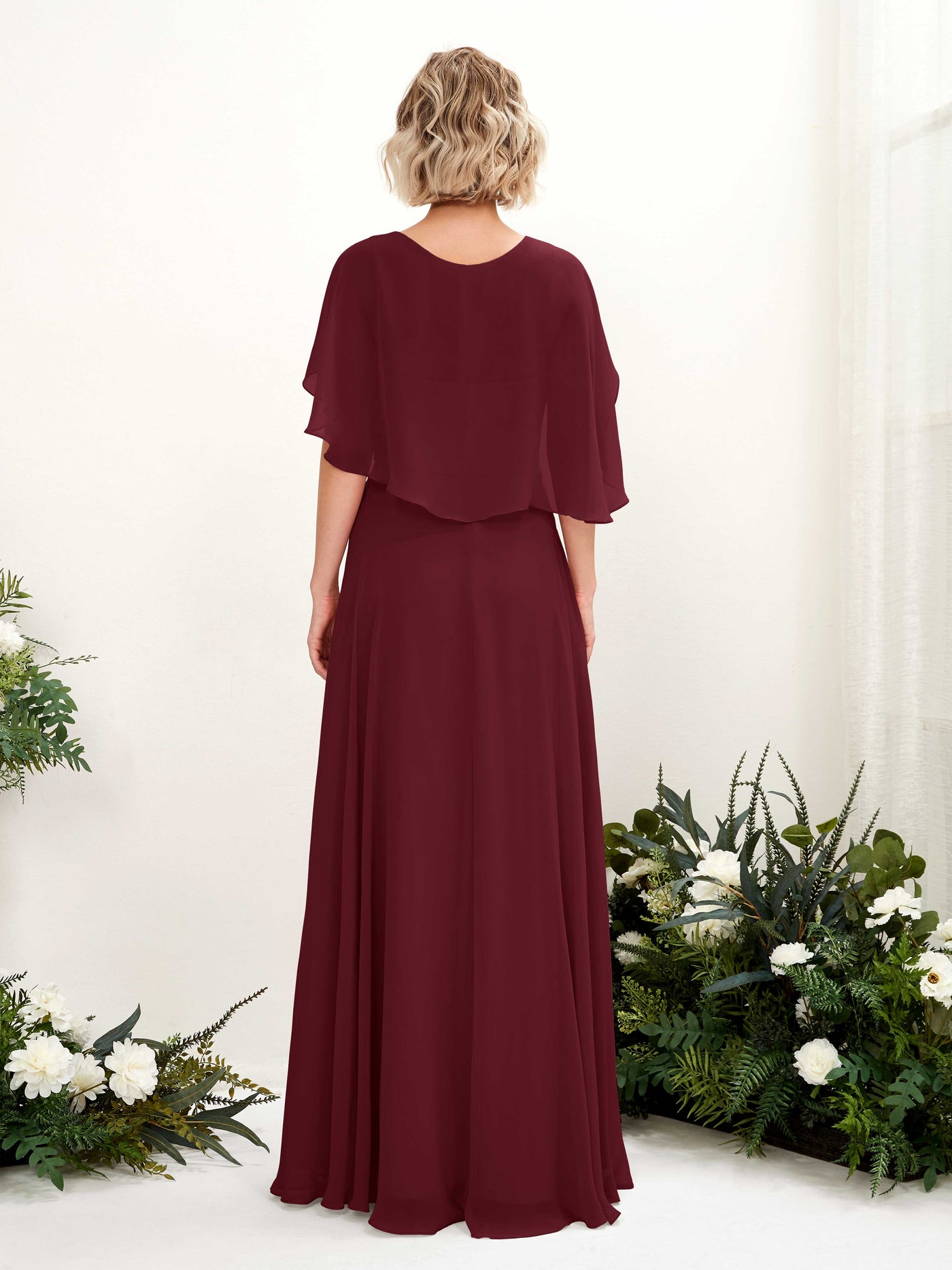 Burgundy Bridesmaid Dresses Bridesmaid Dress A-line Chiffon V-neck Full Length Short Sleeves Wedding Party Dress (81224412)#color_burgundy