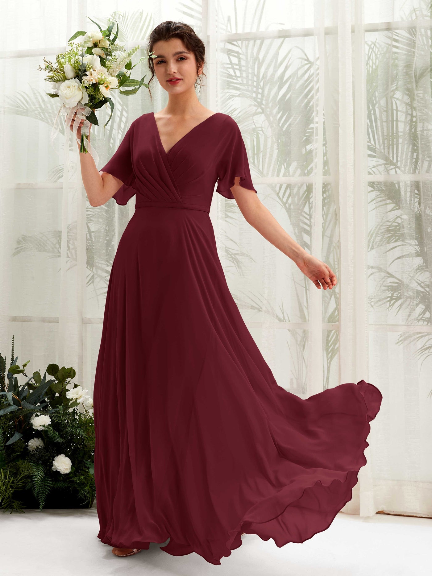 Burgundy Bridesmaid Dresses Bridesmaid Dress A-line Chiffon V-neck Full Length Short Sleeves Wedding Party Dress (81224612)#color_burgundy