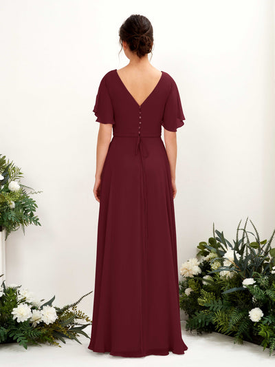 Carlyna Daphne A-Line Burgundy Bridesmaid Dress Maxi Short Sleeve V-Neck Dress Back View #color_burgundy