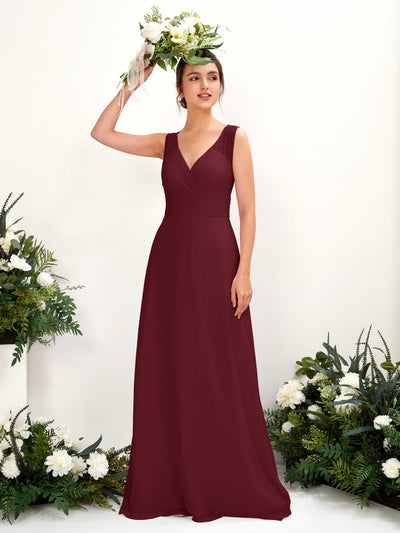 Carlyna Karen A-Line Burgundy Bridesmaid Dress Maxi Sleeveless V-Neck Dress Front View #color_burgundy