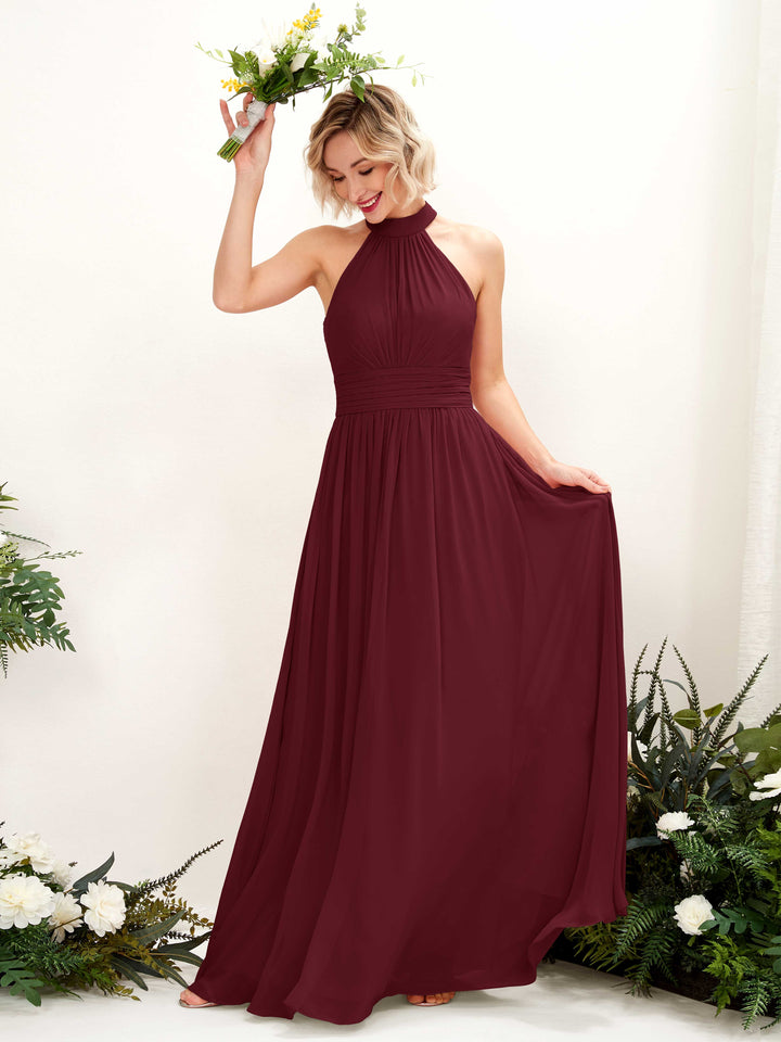 Burgundy Bridesmaid Dresses Bridesmaid Dress A-line Chiffon Halter Full Length Sleeveless Wedding Party Dress (81225312)