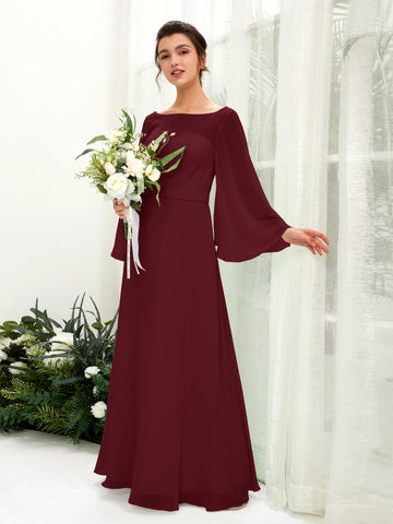 Burgundy Bridesmaid Dresses Bridesmaid Dress A-line Chiffon Bateau Full Length Long Sleeves Wedding Party Dress (81220512)#color_burgundy