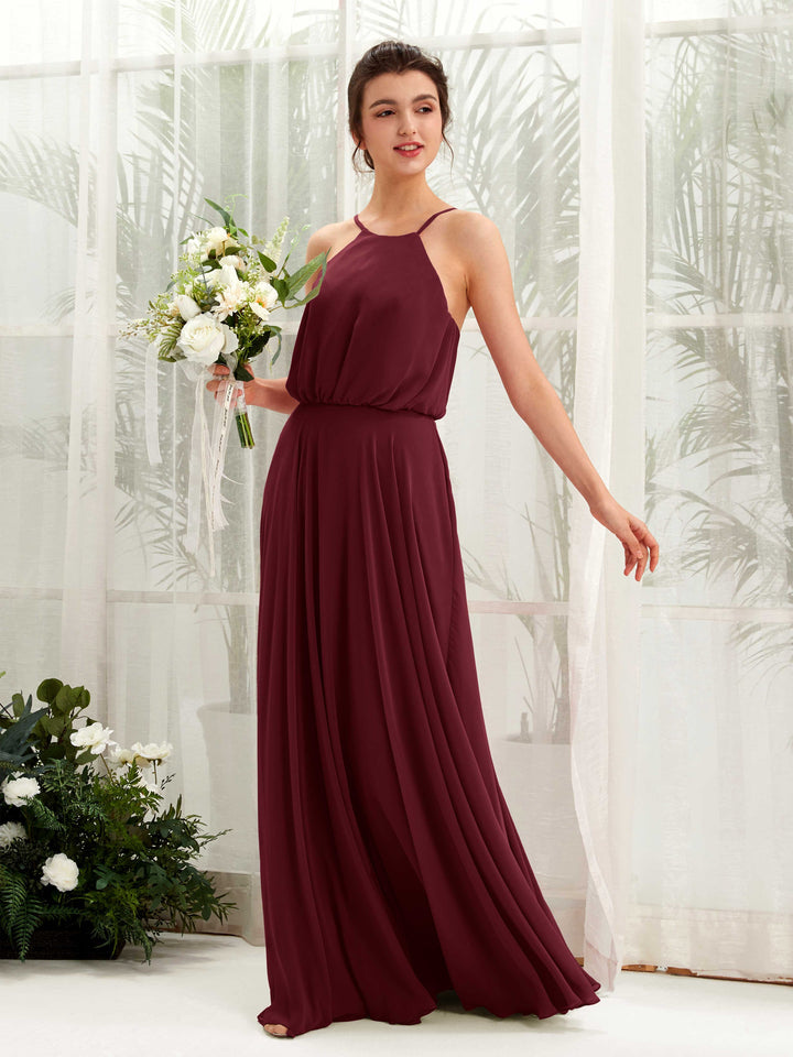 Burgundy Bridesmaid Dresses Bridesmaid Dress Ball Gown Chiffon Halter Full Length Sleeveless Wedding Party Dress (81223412)