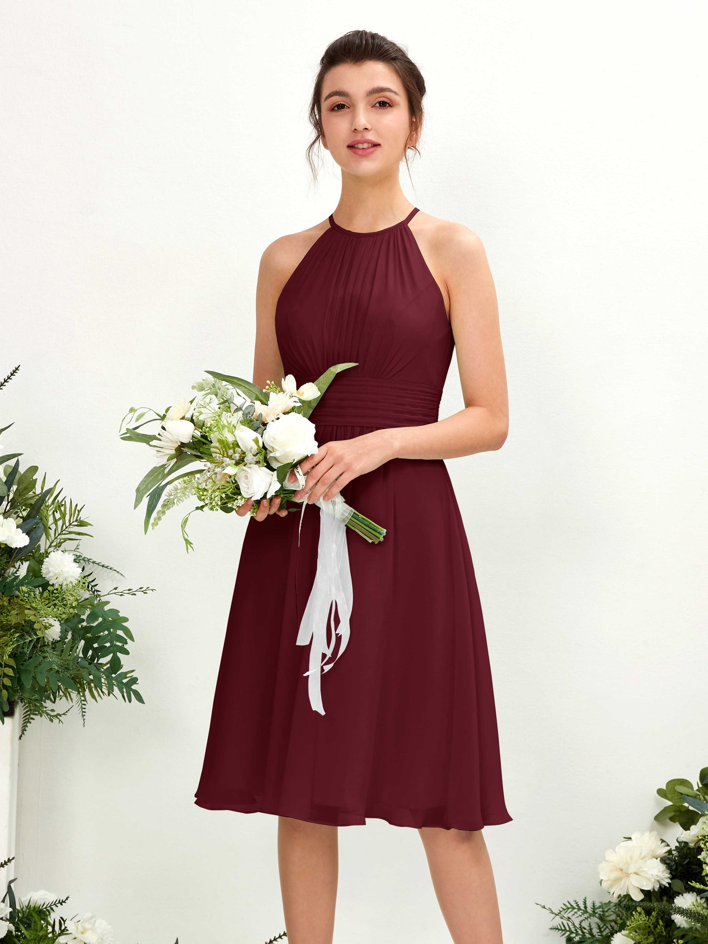Burgundy Bridesmaid Dresses Bridesmaid Dress A-line Chiffon Halter Knee Length Sleeveless Wedding Party Dress (81220112)#color_burgundy