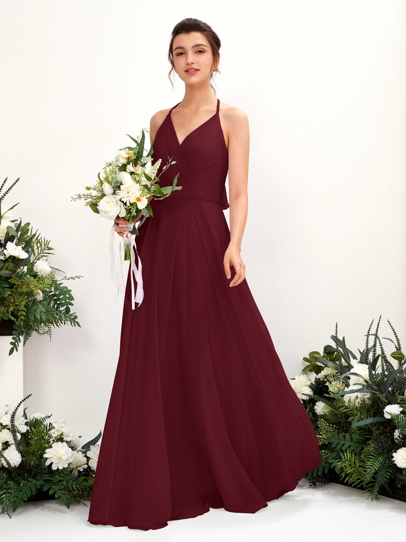Halter V-neck Sleeveless Chiffon Bridesmaid Dress - Burgundy (81221012)#color_burgundy