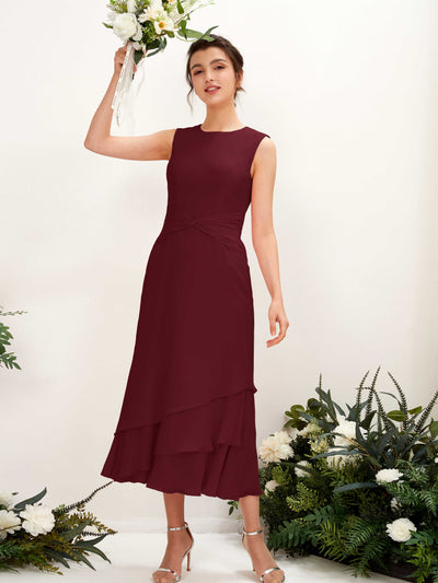 Carlyna Raina Mermaid Burgundy Bridesmaid Dress Midi Sleeveless Round Neck Dress Front View #color_burgundy
