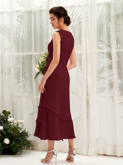 Carlyna Raina Mermaid Burgundy Bridesmaid Dress Midi Sleeveless Round Neck Dress Back View #color_burgundy