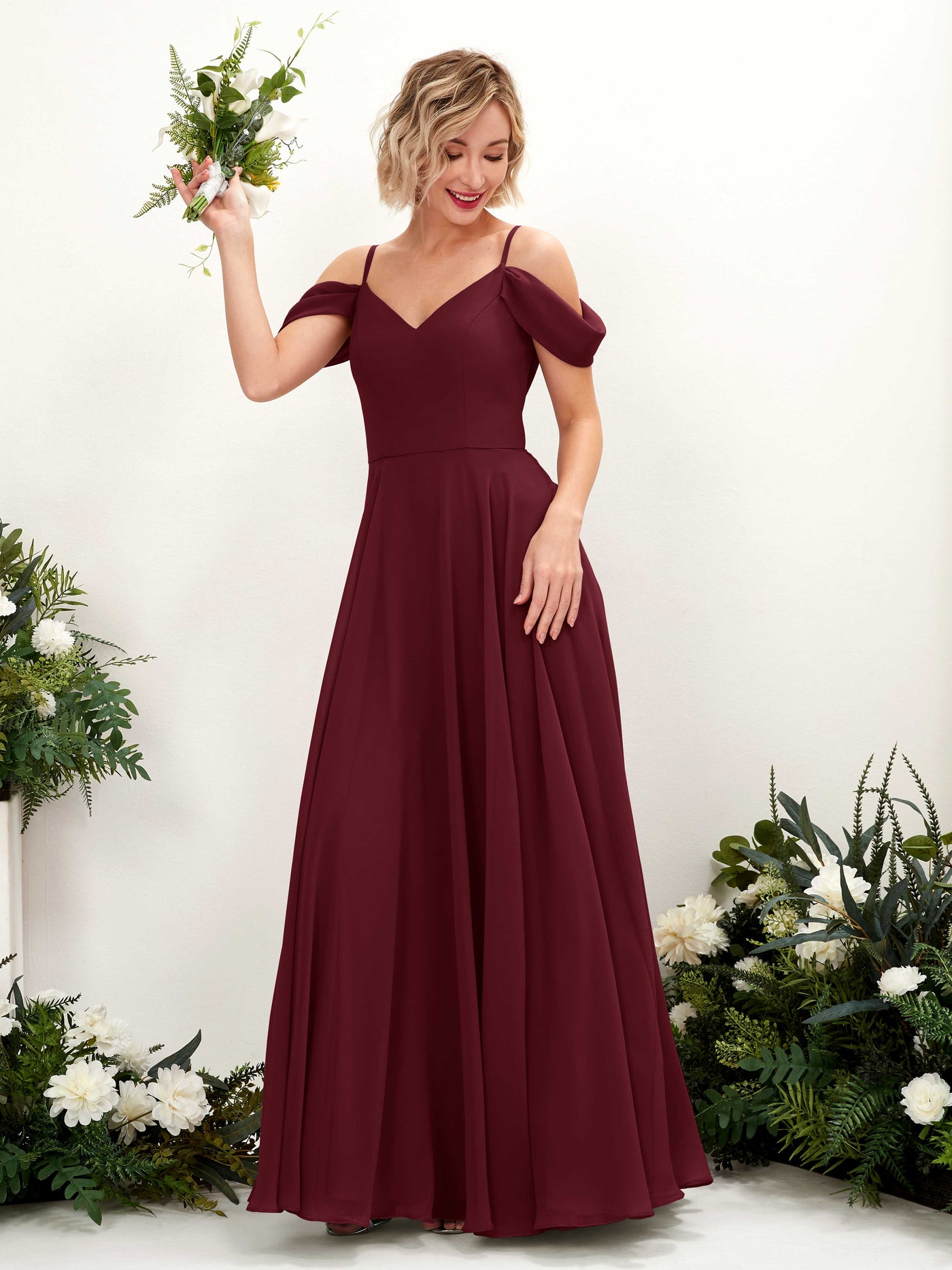 Burgundy Bridesmaid Dresses Bridesmaid Dress A-line Chiffon Off Shoulder Full Length Sleeveless Wedding Party Dress (81224912)#color_burgundy