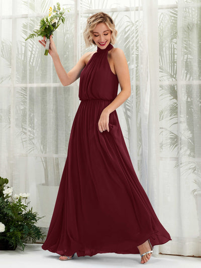 Carlyna Bess A-Line Burgundy Bridesmaid Dress Maxi Sleeveless Halter Dress Front View #color_burgundy