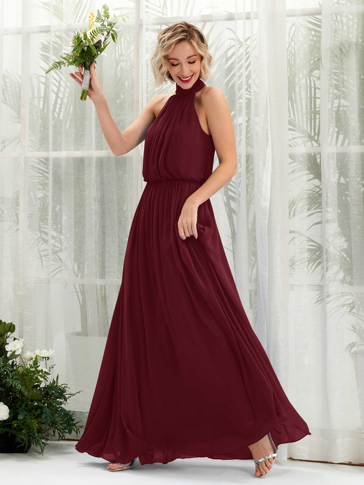 Burgundy Bridesmaid Dresses Bridesmaid Dress A-line Chiffon Halter Full Length Sleeveless Wedding Party Dress (81222912)