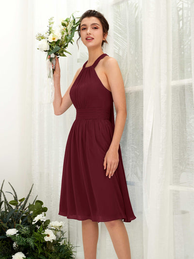 Carlyna Yvonne A-Line Burgundy Bridesmaid Dress Knee-Length Sleeveless Round Neck Dress Front View #color_burgundy
