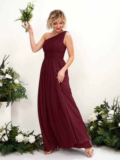Carlyna Flaze A-Line Burgundy Bridesmaid Dress Maxi Sleeveless One Shoulder Dress Front View #color_burgundy