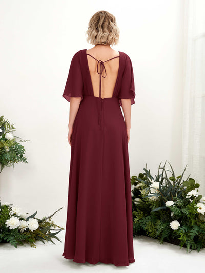 Carlyna Dhea A-Line Burgundy Bridesmaid Dress Maxi Short Sleeve V-Neck Dress Back View #color_burgundy